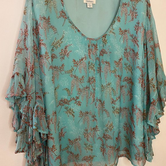 Sundance Wilde Aqua Chiffon Ruffle Loose Fit Boho Top Size Large - Picture 9 of 13